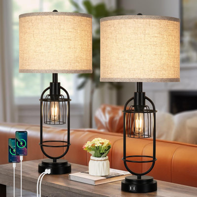 Set Of 2 Table Lamps For Living Room With USB Ports, 29" Tall 2-Light Bedside Lamps, Farmhouse Nightstand Lamp