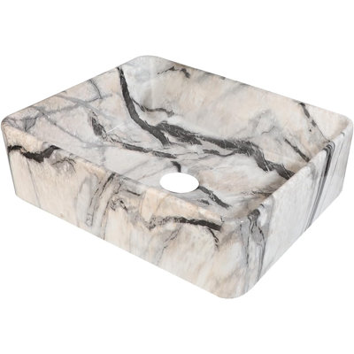 Bathroom Vessel Sink Modern Farmhouse White Rectangular Marble Vessel Sink - 19"X15" Handmade Ceramic Countertop Porcelain Sink Thickened Edges & Natural Stone Veins