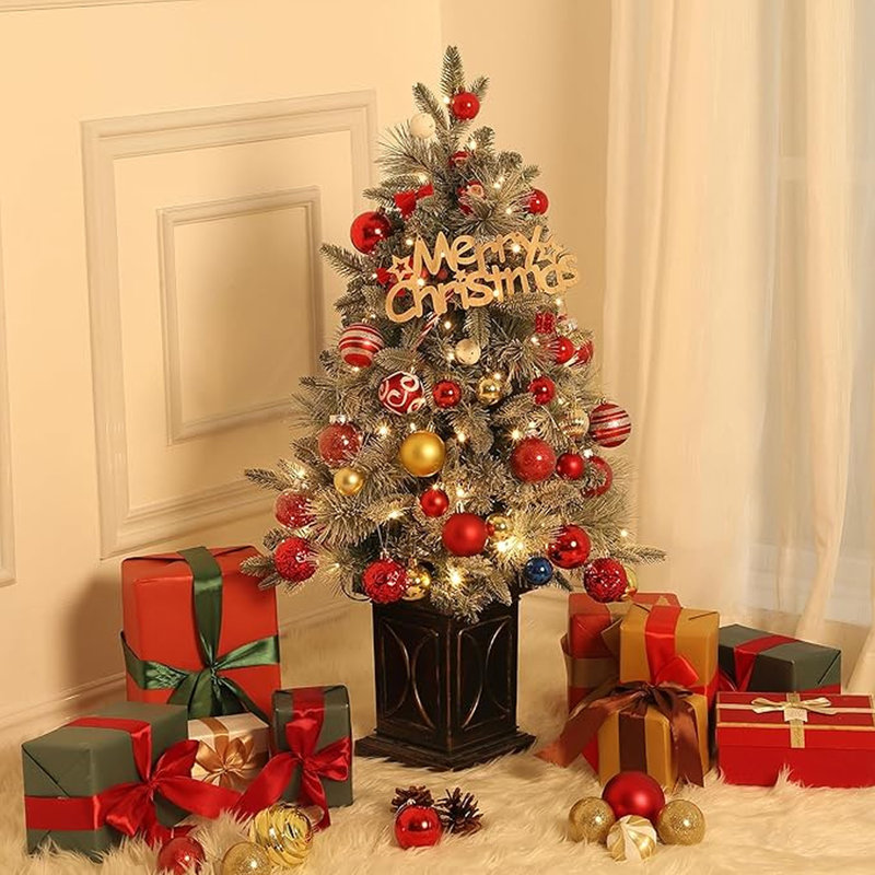 Sapin de Noël de 90 cm (3 pieds) pré-illuminé et recouvert de neige floquée, avec pot de fleurs