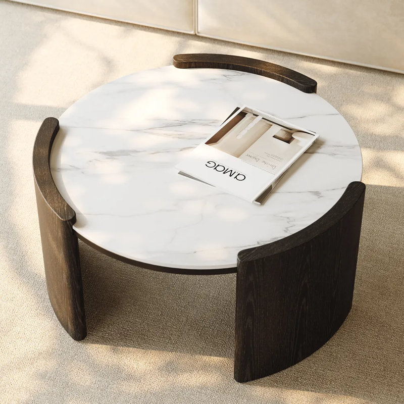 Table basse ronde en pierre frittée, H 15 po x L 39 po x l 39 po, Blanc, Noir