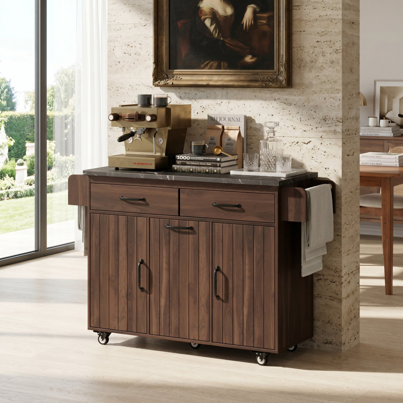 Îlot de cuisine l 44 po avec abattant, armoire à poubelle inclinable, chariot de cuisine roulant, armoire de rangement avec tiroirs, plateau en bois d'hévéa.