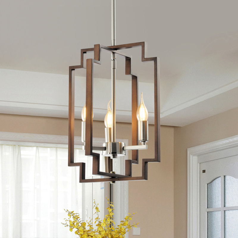 Lustre rectangulaire à 3 lumières avec détails en fer forgé Bartow, Bois brossé / nickel