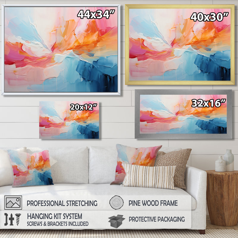 «Pink Bliss Sunset Celebration», art mural abstrait, H 12 po x l 20 po x P 1 po, Toile avec cadre flottant noir