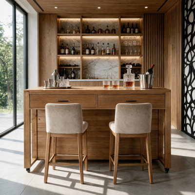 Solid Wood Counter Height Bar Table with Storage & Drawers, Rusitc Brown