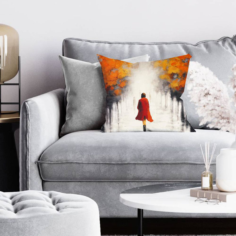 Woman with a red coat by fall - 16"x16" Throw pillow cover - Poly twill - Print on demand