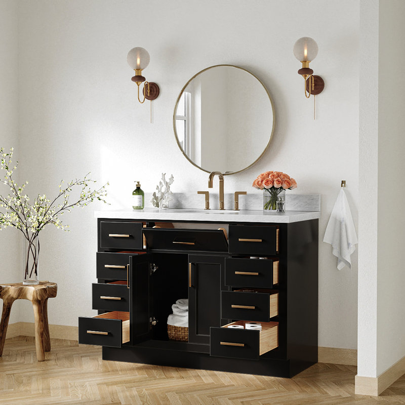 Tidworth 48'' Solid Wood Single Bathroom Vanity with 1.5'' Carrara Marble Top Sink, Black Oak, Oval