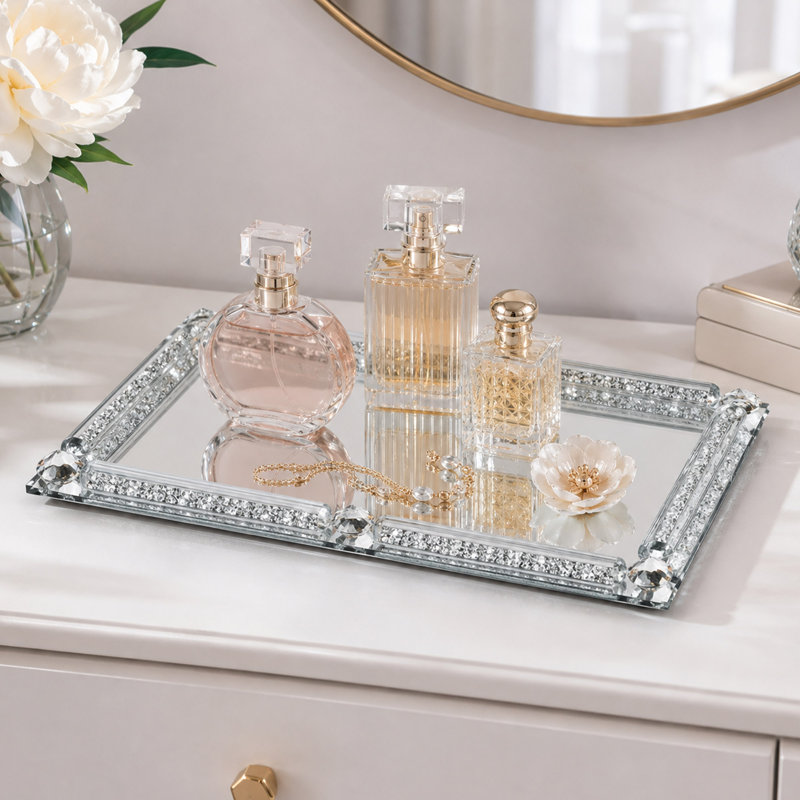 Plateau de parfum en cristal argenté avec motif de diamant concassé
