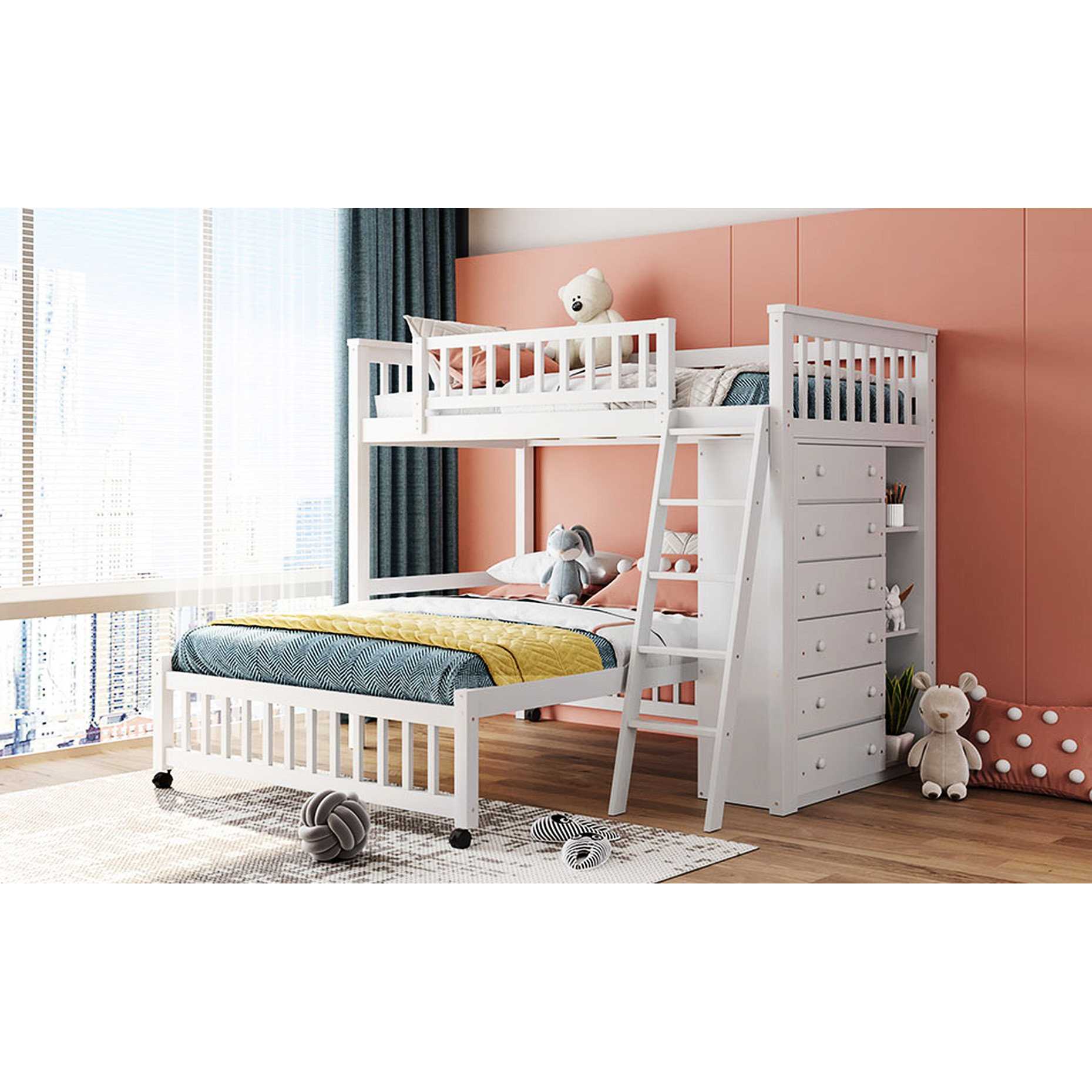 Ebern Designs Wooden Bunk Bed With Twin Over Full Size, Six Drawers ...