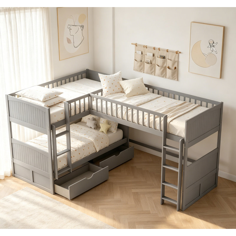 Lit simple superposé simple avec mezzanine attachée et deux tiroirs, gris, conception compacte et multifonctionnelle pour les chambres à coucher modernes