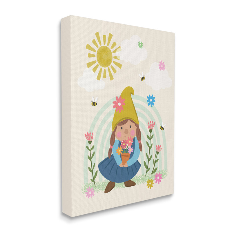 Fleurs de gnome de jardin ludiques et arc-en-ciel ludiques Lisa Perry White, L 16 po x H 20 po, Toile tendue