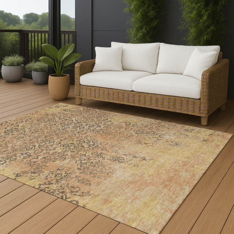 Tapis abstrait lavable à la machine intérieur / extérieur ACN2788, Cuivre, 10 pi x 14 pi