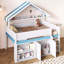 Lit mezzanine double pleine grandeur avec toit à baldaquin et grande armoire de rangement attachée, combinaison blanche et bleue-337082856