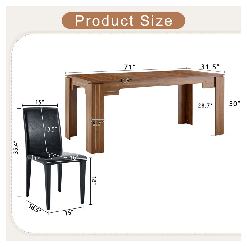 Ensemble de table de salle à manger en noyer avec 8 chaises en cuir de polyuréthane noir - Mobilier de cuisine moderne de 71 po pour la maison
