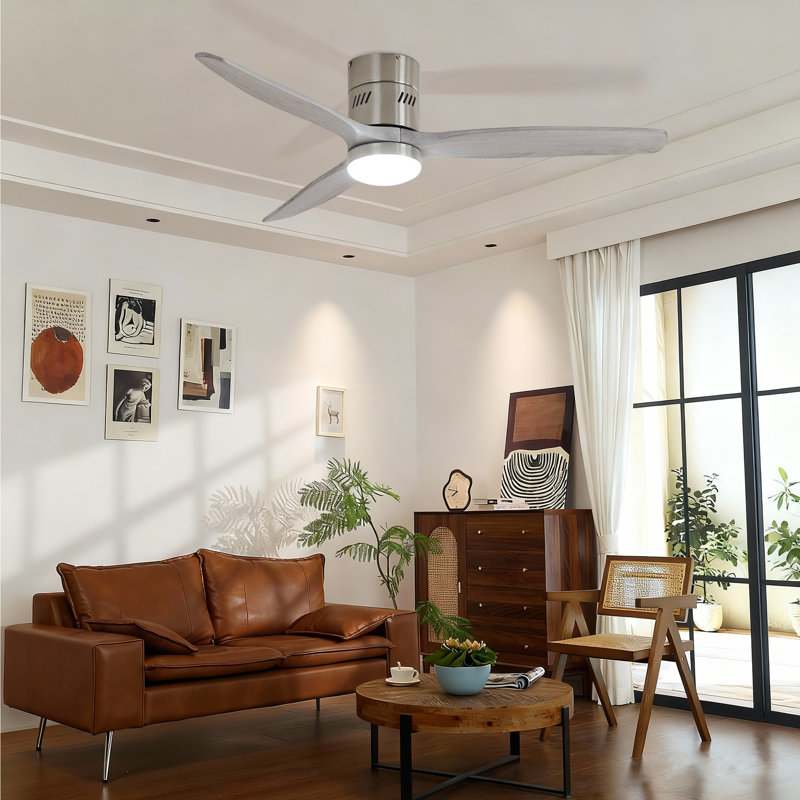 Ryme 52 In. Nickel White Flush Mount Standard Ceiling Fan With Integrated LED With Remote Included DC Motor Reversible