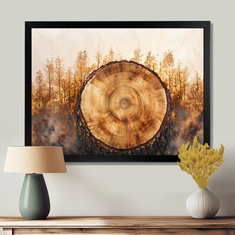Glyniss Pine Trees on A Top of Wood Slide II - arbres, art mural pour le salon, H 12 po x l 20 po, Floater Framed, Noir