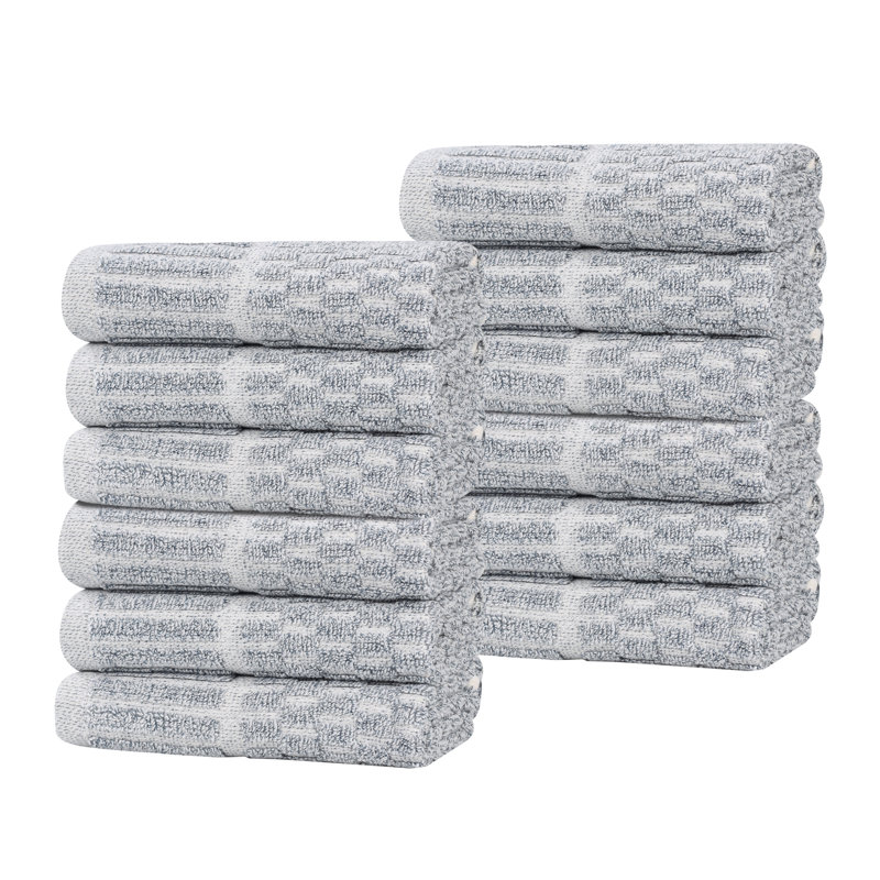 Débarbouillette à bordure à carreaux en mélange de coton et viscose Juno, Bleu denim, Gant de toilette - paquet de 12