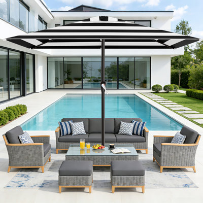 Parasol de patio rectangulaire tout en acier 6,5 po x 10 pi, protection contre les rayons UV UPF 50+, manivelle, 6 baleines robustes, parasol de marché extérieur pour jardin, piscine, cour arrière, rayures noires et blanches
