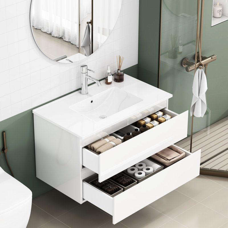 Meuble-lavabo de salle de bain avec lavabo de 80 cm (31,5 pouces), 2 tiroirs spacieux à fermeture amortie, poignée, blanc brillant, solution idéale pour les espaces de taille moyenne.