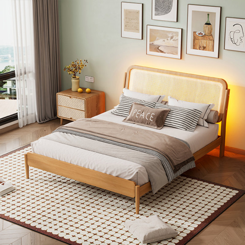 Bed With Led Light And Rattan Headboard, Natural
