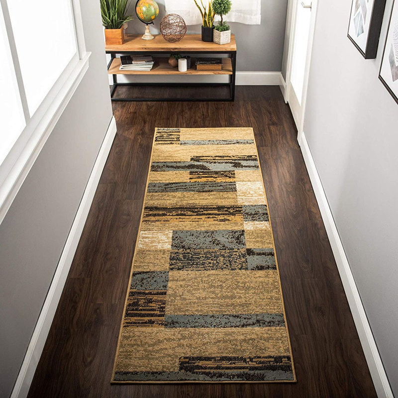 Tapis de couloir 8 pi bleu clair et beige résistant aux taches