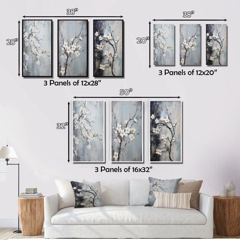 «Apple Blossom Harmony», 3 pièces sur toile, Cadre blanc, H 40 po x l 60 po
