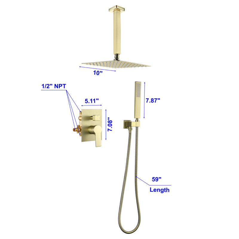 Système de douche complet avec valve brute, Or brossé