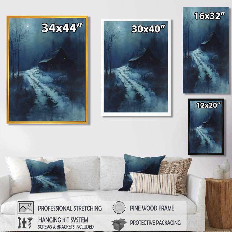  «Blue Mystic Winter Barn In The Dark I - Décoration murale grange, Toile tendue, H 40 po x l 30 po