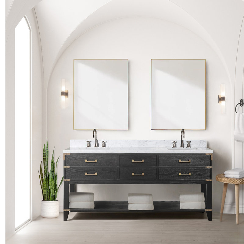Black Oak Double Bath Vanity, Hand - Sealed Marble Top, Soft Close, 34 In. Mirrors, Bathroom Use 72 W Four Drawers, Close Feature