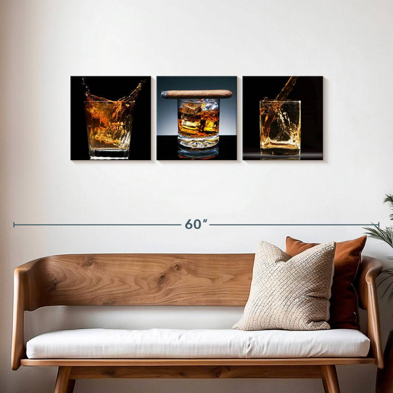 Bourbon whisky verre sur toile, ensemble de 3 pièces, H 15 po x l 47 po x P 1,25 po
