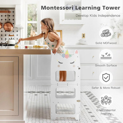 3-in-1 Folding Montessori Learning Tower With Chalkboard, Kitchen Step Stool And Table Set