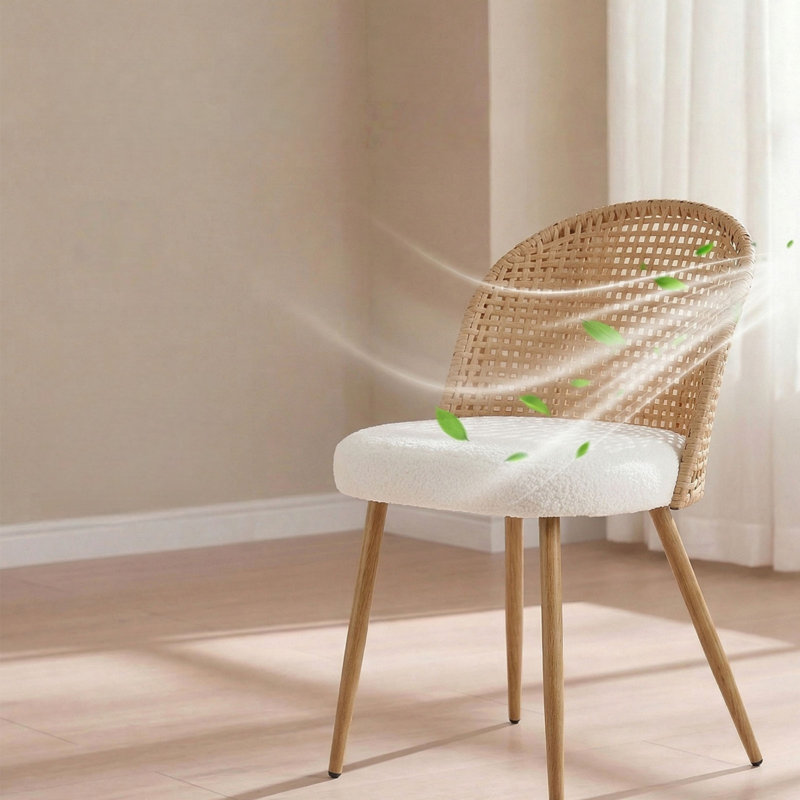 Ensemble de salle à manger bohémien de style Mid-Century, table extensible en bois massif avec 2 chaises en osier brun et coussins en éponge douce blanche pour la salle à manger intérieure