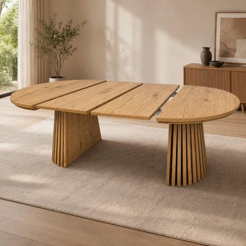 Table basse extensible en bois avec plateau ovale et pieds à lattes