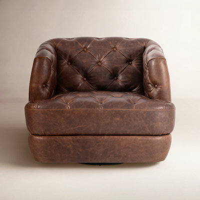 Jamaris 37.5'' Wide Tufted Genuine Leather Top Grain Leather Swivel Barrel Chair