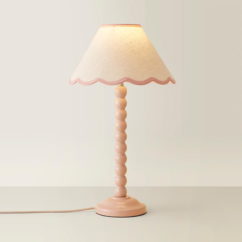 Nephi Bobbins Painted Table Lamp with Tapered Natural Linen Trim Scallop Shade, Natural Linen with Pink Trim, Pink, No