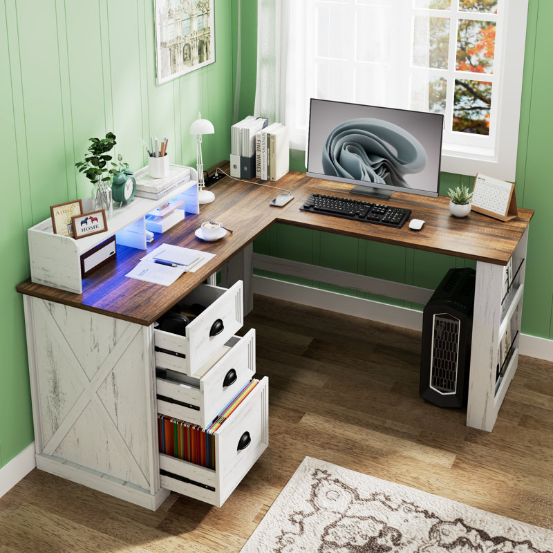 L-shaped Computer Desk With Storage Drawers And Bookshelf, Home Office Workstation With Usb Charging And Led Light, White