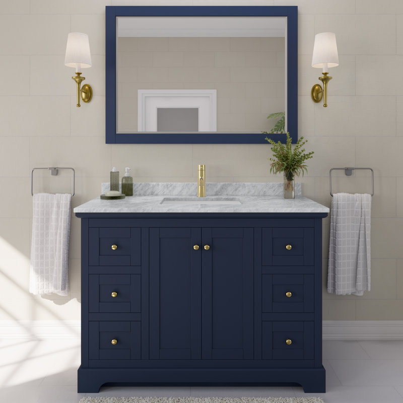 Avery 48'' Single Bathroom Vanity with Stone Top, Dark Blue, Brushed Gold