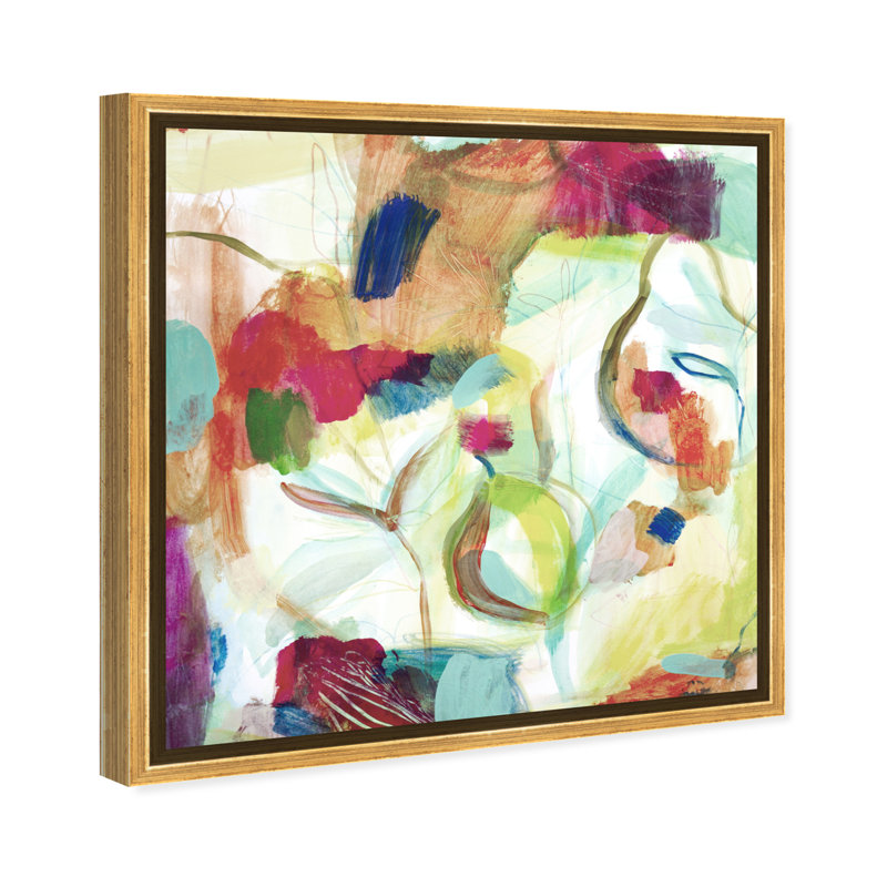 Abstrait blanc / mauve / vert Amazonie I - peinture, H 16 po x l 16 po, Toile encadrée, Doré