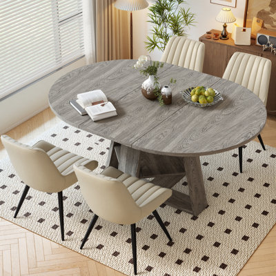Fecteau Round To Oval Expandable Dining Table & Chairs Set, Space-Saving Dining Table With Hidden Storage Shelf, Includes 4 Upholstered Chairs