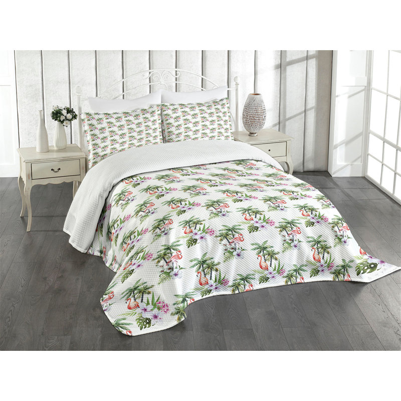 White Quilted Queen Bedspread Set with Tropical Print