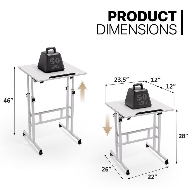 Oziel Mobile Computer Desk, Adjustable Height Laptop Standing Desk with Tilting Tabletop and Monitor Shelf, White