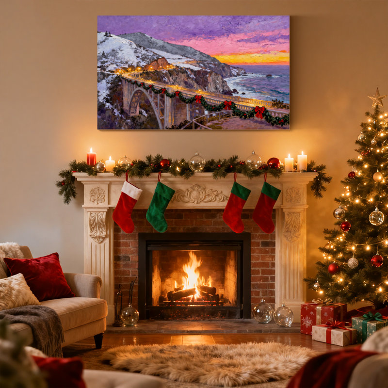 «Christmas Christmas Bridge Sunset Mountain Ocean Lights», ensemble de 3 impressions sur toile, H 12 po x l 18 po
