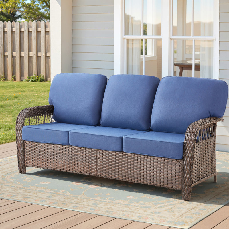 Canapé d'extérieur moderne en osier avec coussins de dossier en forme de T, Blue, Brown