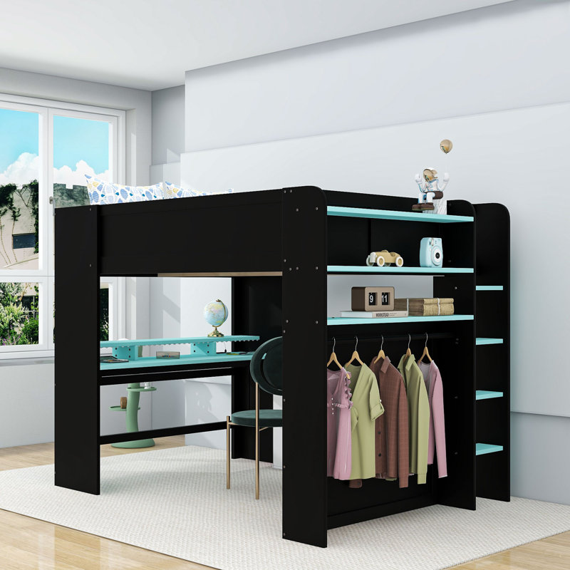 Lit mezzanine double en bois avec bureau intégré, station de charge, garde-robe et éclairage RVB, Bleu