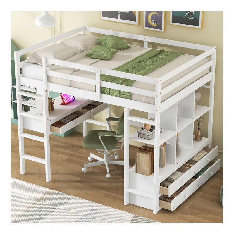 Lit mezzanine double avec bureau intégré avec deux tiroirs et tablettes et tiroirs de rangement, blanc