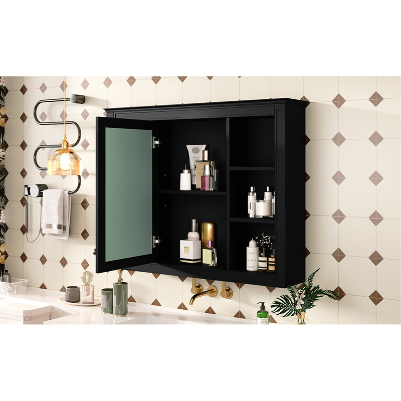 Armoire de salle de bain 35 po x 27,5 po avec rangement mural, rangement fonctionnel, armoire peinte noire avec miroir, Noir