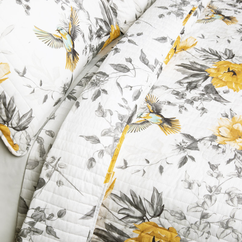 Gray and Yellow Cotton Floral Reversible Full Quilt Set