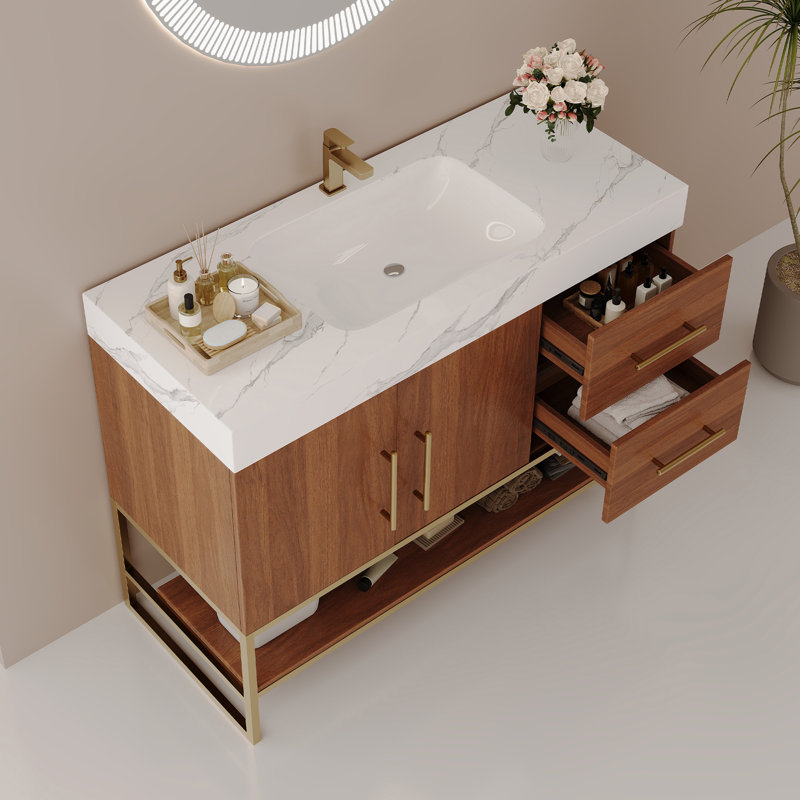 Élégant meuble-lavabo et lavabo avec accents dorés, durabilité et style modernes