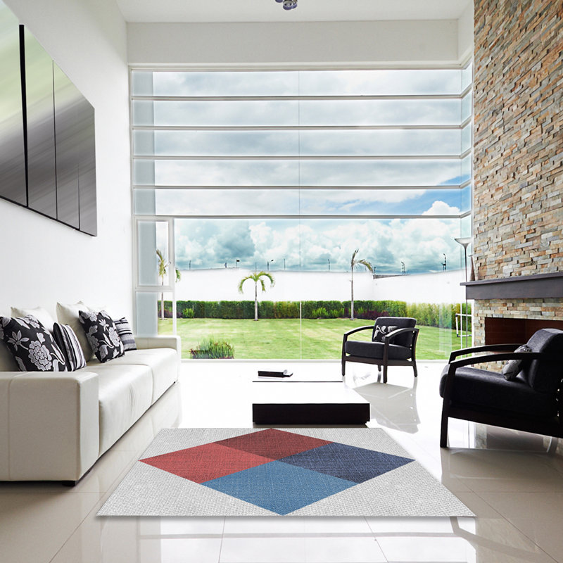 Tapis gris/rouge/bleu à motifs, Carré 5 pi