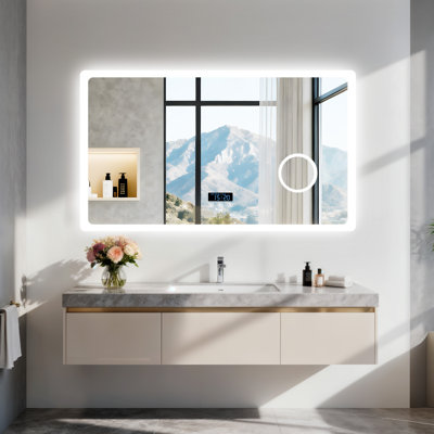Bright Led Bathroom Mirror With 3x Magnifying For Makeup, Rectangular Lighted Vanity Mirror With Powerful Bluetooth Speaker, Smart Time/date Display, Dimmable, Anti-fog, 3-color Lights, Ip65