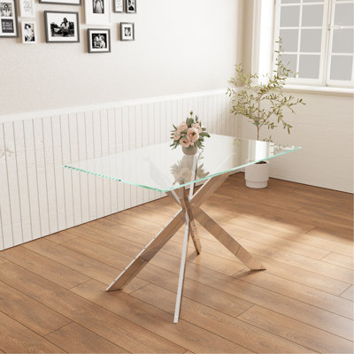 Table basse moderne en verre trempé de 47,2 pouces, table de salle à manger rectangulaire à pieds en métal, table de salle à manger en verre transparent, petit espace de 47,2 pouces x 27,5 pouces / 29,5 pouces